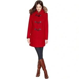 Tommy Hilfiger Red Wool Blend Paddington Toggle Hooded Coat Faux Fur Sz L FLAWED